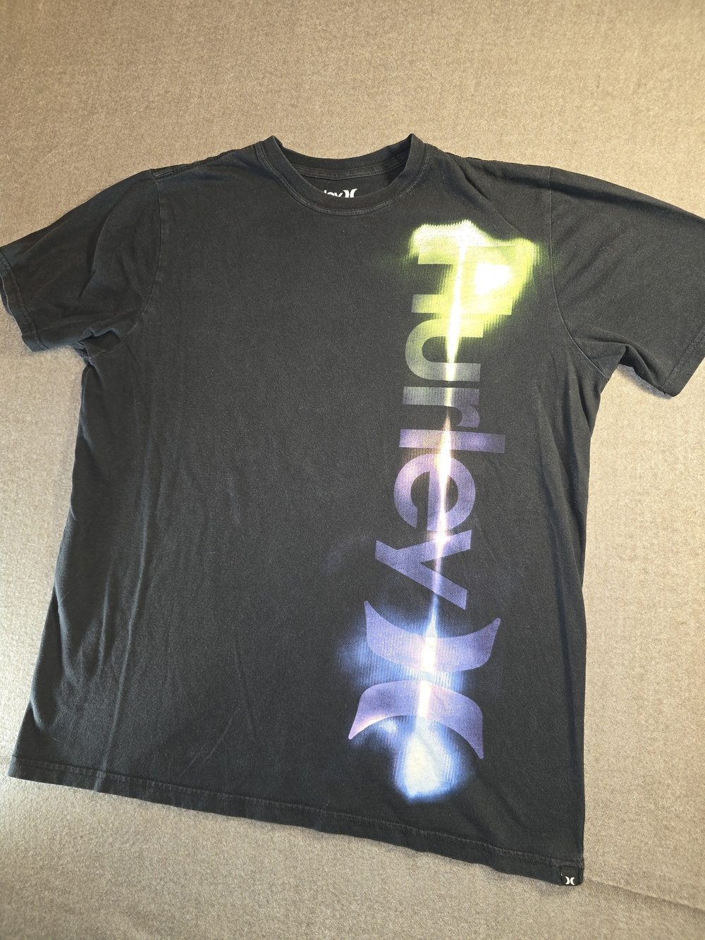 Hurley Black Short Sleeve Tee with Neon Green & Purple Mens Large